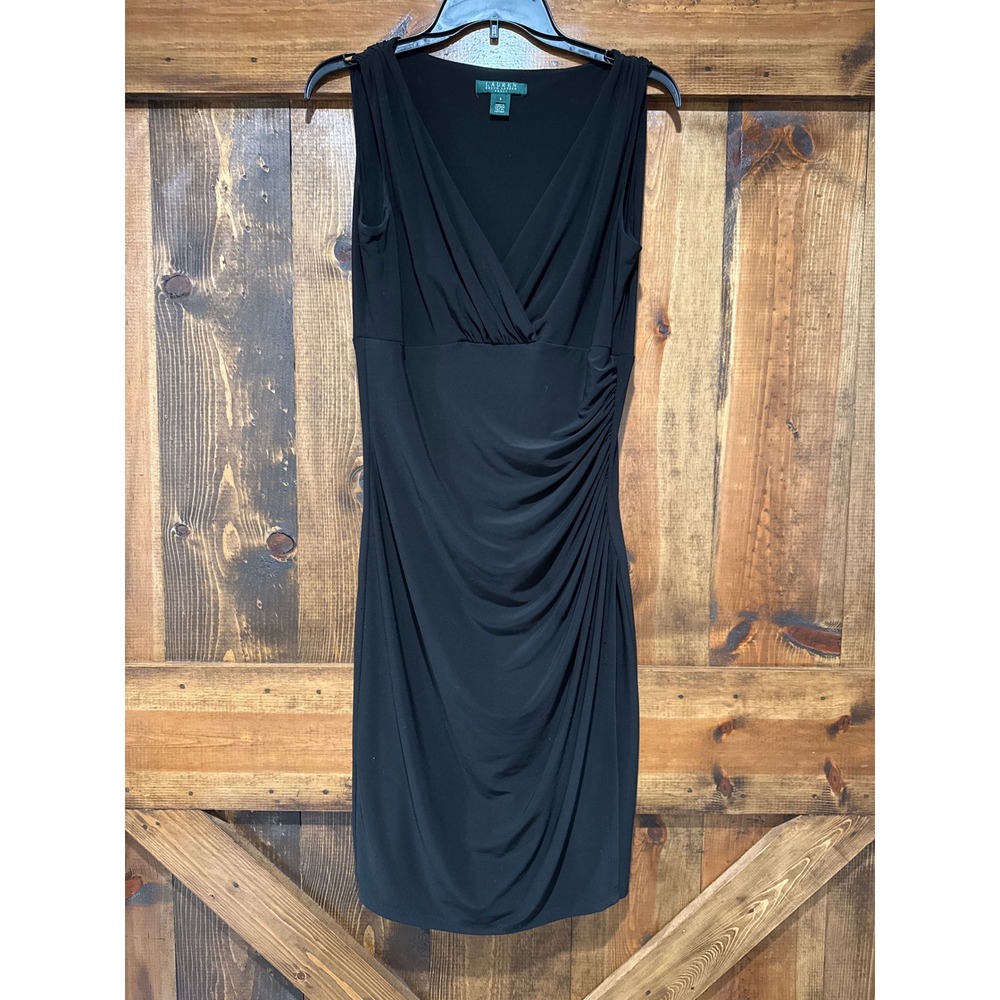 Lauren Ralph Lauren Black Ruched V-Neck Sleeveless Sheath Dress Womens Size 8